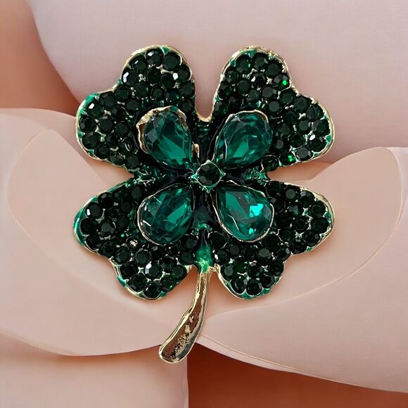 Jaded Enterprises Jewelry - St. Patrick's Day Lucky Four-Leaf Clover Shamrock Rhinestone Brooch